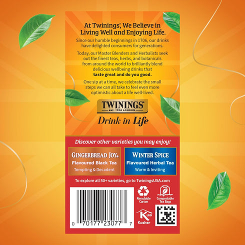 20 Count (Pack 1), 20 Twinings Christmas Black Tea Individually Wrapped Bags, of Aromatic Cinnamon & Clove