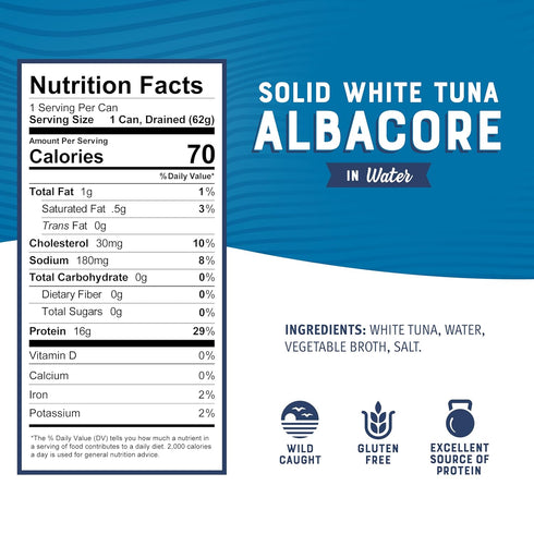 Albacore 3 oz (Pack 3) 16g Omega-3s Bumble Bee Solid White Tuna in Water, Can of - Wild Caught Tuna - Protein per