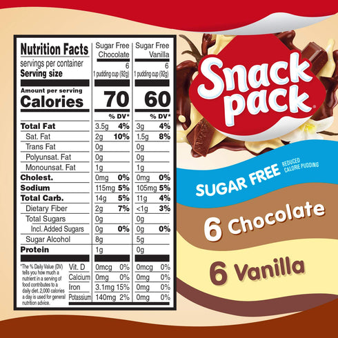 Snack Pack 3.25 oz., 12-Count Pack Zero Sugar Chocolate and Vanilla Flavored Pudding Cups, Family