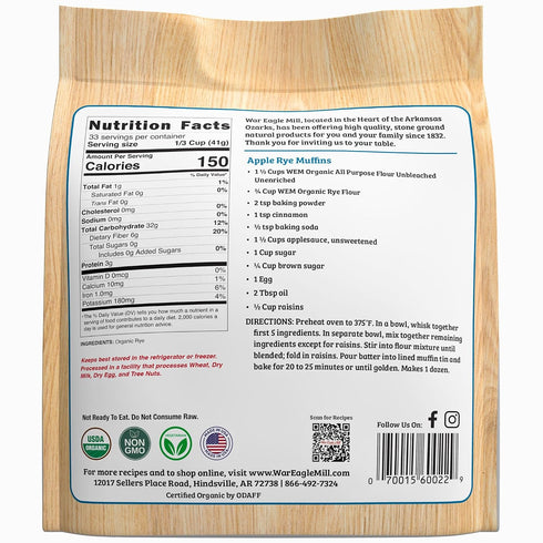 48 oz (2 Pack) War Eagle Mill Organic Stoneground Rye Flour
