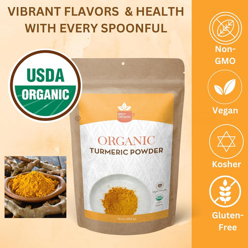 SPICY ORGANIC Turmeric Root Powder – 16 oz. – High Curcumin Non-GMO Spice for Cooking and Skin Care