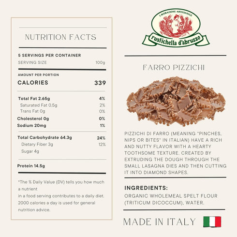 500g 100% 10-12 Rustichella d'Abruzzo Farro Pizzichi Pasta - Nutty Flavored Short Pasta - Made from Farro - Cooks