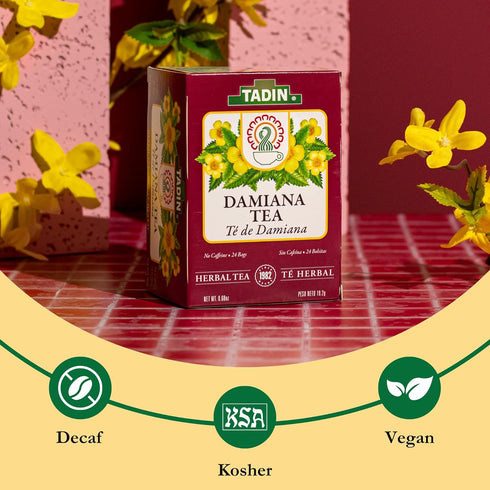 24 Pack 6 Tadin Damiana Tea, Herbal Tea, Caffeine Free, Tea Bags Per Box