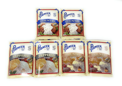 Pioneer Brand Gravy Variety Bundle - 2.75 oz (Pack of 6) with Peppered, Country Sausage, and Country Gravy Mix