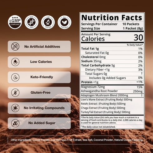 Immune, 0g 10 Count Veltracha Mushroom Hot Cocoa, Magnesium Calm Hot Chocolate Blend with Reishi, Chaga, Lion's Mane