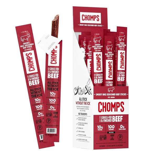 Chomps Grass-Fed and Finished Smoky BBQ Seasoned Beef Jerky Snack Sticks 24-Pack