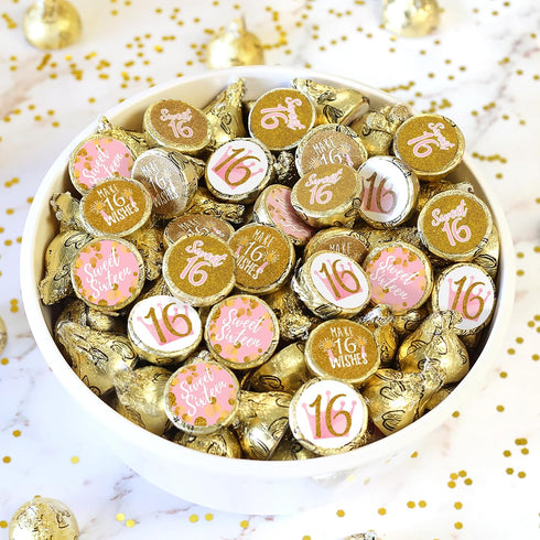16 180 Count DISTINCTIVS Pink and Gold Sweet Birthday Party Favor Chocolate Kisses Candy Stickers, Sweet Sixteen