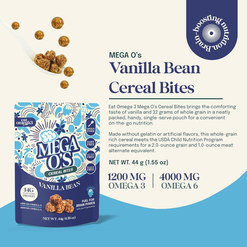 3 Omega-3 Omega-6, 66g Pack 6 Eat Omega Mega Os Vanilla Bean Cereal Bites - Gluten-Free, Dairy-Free, Plant-Based