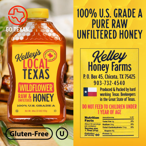 40 oz 100% Kelley's Local Texas Wildflower Honey Pure, Raw and Unfiltered All-Natural American Honey for Tea, Baking