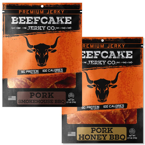 BEEFCAKE Jerky Tender Pork SmokeHouse & Honey BBQ Gourmet Meat Snacks, 9
