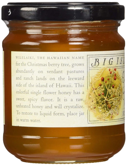 (9 oz Organic Wilelaiki (Hawaiian Christmas Berry) Raw Honey, Single Floral Variety by Big Island Bees Glass Jar)