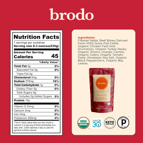 Pack 100% Slow-Simmered (6x 8.3oz) Brodo Classic Variety with Collagen & Protein, Includes Organic Chicken, Grass-Fed
