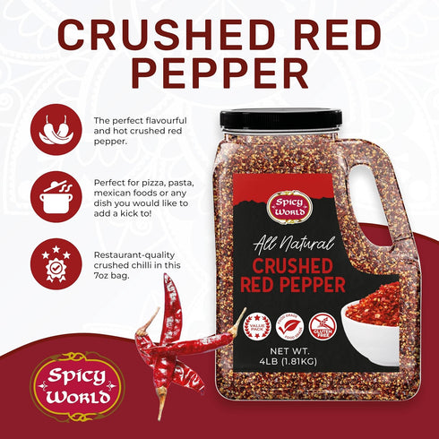 Spicy World 4 LB (64 Oz) Crushed Red Pepper Flakes Bulk Jar - All Natural, Pure, Chilli Flakes Hot Pepper, Great on