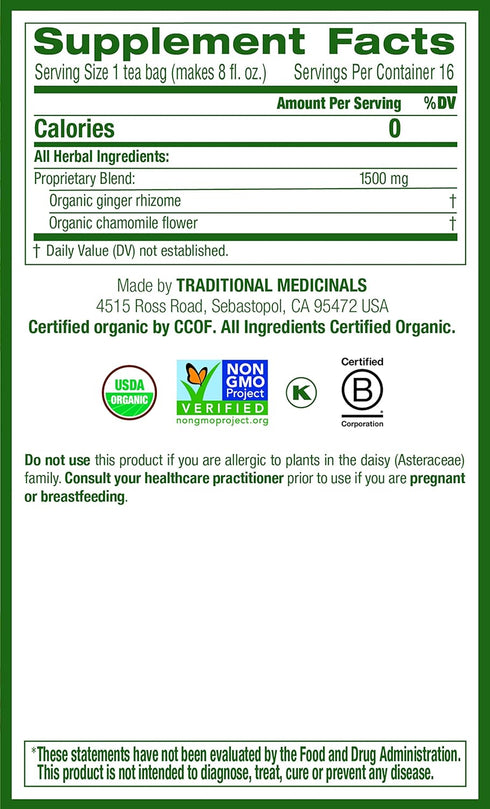 (Pack 1) 16 Traditional Medicinals Organic Ginger & Chamomile Herbal Tea, Relieves Occasional Indigestion or Nausea
