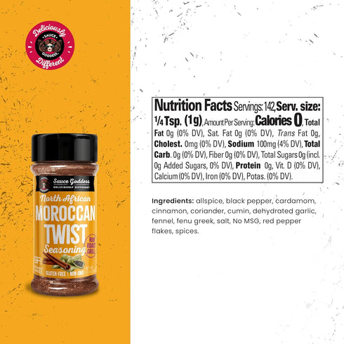 4.5oz Sauce Goddess - Moroccan Twist Spice Shaker - Exotic Blend with Cardamom & Cinnamon, No Sugar, Gluten-Free, Low