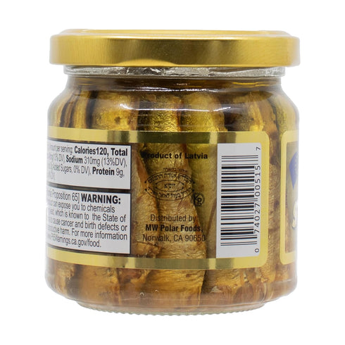 6.5oz (Pack 6) Hand-Packed, Omega-3, MW Polar Naturally Alder Wood Smoked Brisling Sardines in Olive Oil, Jar of |