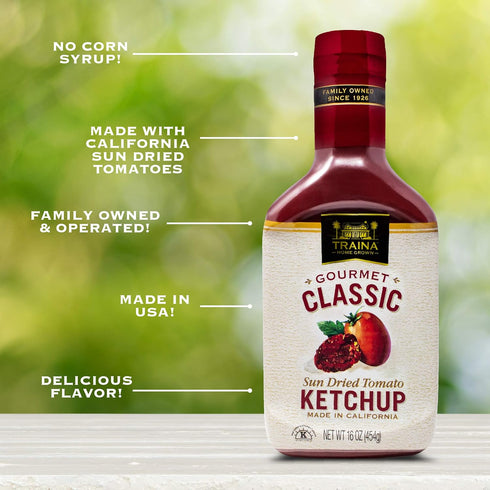 16 oz Traina Home Grown Gourmet Classic Ketchup - No Corn Syrup, Non GMO, bottle