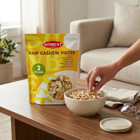 3 lbs (48 oz) Sunbest Natural Raw Cashew Halves & Pieces, Unsalted & Unroasted Large Cashews to Eat For Party Snacks