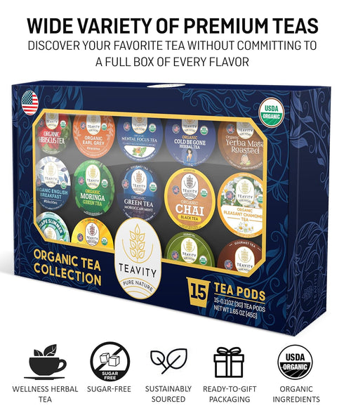 Pack Pack -15 count (Pack 1) Organic Tea Pods Variety - Assorted Sampler Compatible for Keurig Brewer and Coffee Maker