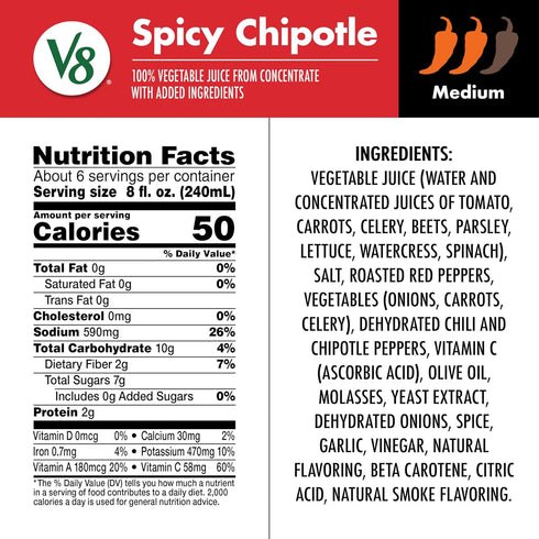 V8 100% 46 oz (Pack 2) Spicy Chipotle Vegetable Juice, fl Bottle