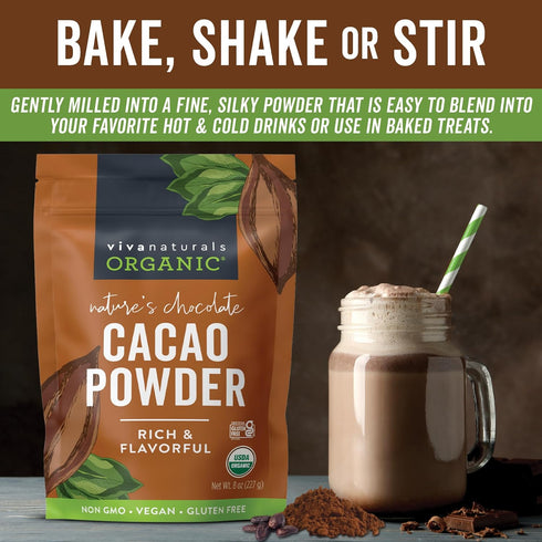Viva Naturals Organic Cacao Powder, 8 oz Unsweetened Cocoa Powder for Baking & Smoothies, Certified Vegan