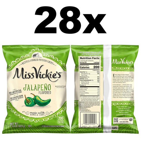 1.375 (Pack 28) Miss Vickie's Kettle Cooked Potato Chips, Jalapeno, Ounce