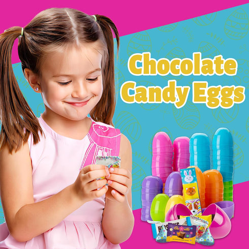 50 Count Prefilled Easter Eggs with Candy, Bulk, Assorted Colors Plastic Eggs with Spring Themed Chocolate Candy Mix