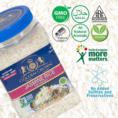 32 oz (2 LB) Golden Crown Jasmine Rice - Jar, Non-Sticky, Fluffy Aromatic Rice, Thai, Indian, & Fragrant Flavored