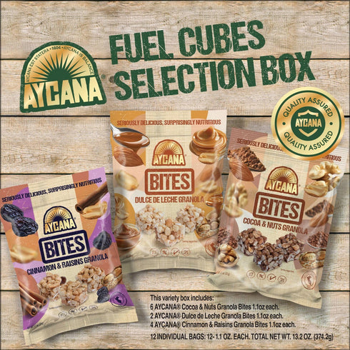 Pack, 12 Aycana Fuel Cubes Selection Box Granola Bites Cocoa & Nuts, Dulce de Leche, Cinnamon & Raisins Gluten-Free