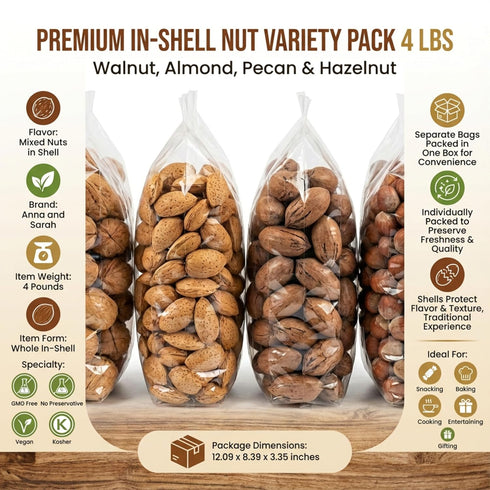 Pack, 4 lbs, Packed Premium In-Shell Nut Variety Mixed Nuts in Shell, Walnut, Almond, Pecan & Hazelnut, Separate Bags