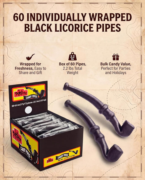 60, La Pipette Gourmet Black Licorice Pipes - Old Fashioned Individually Black Wrapped Candy Liquorice - Sweet
