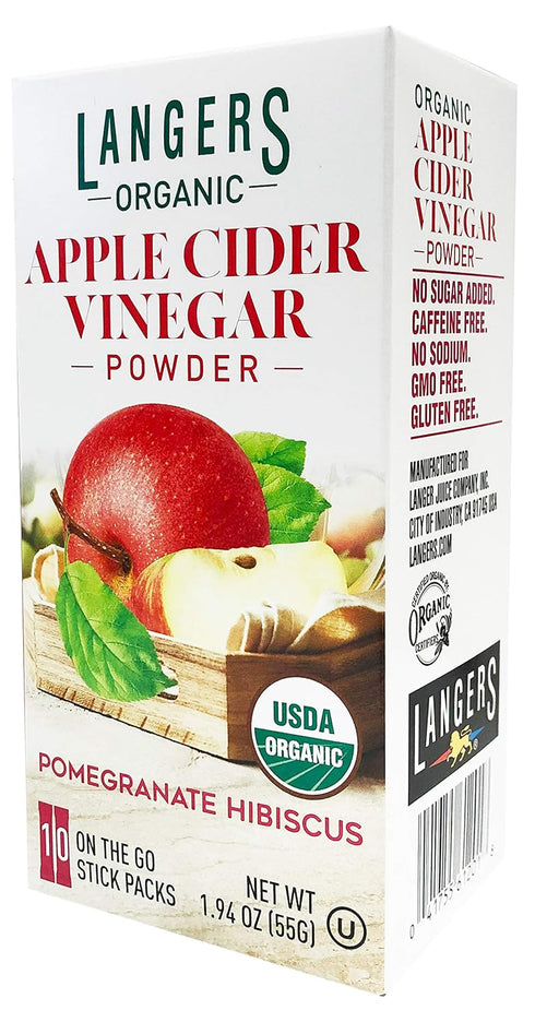 Langer's Organic Apple Cider Vinegar Powder Sticks, Pomegranate Hibiscus, 10 Count (Pack