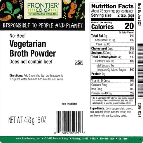 1-Pound Frontier Co-op No Beef Broth Powder, Bulk Bag, Vegetarian Beef Broth, Soup Base, Gravy, Hot Drink, Kosher