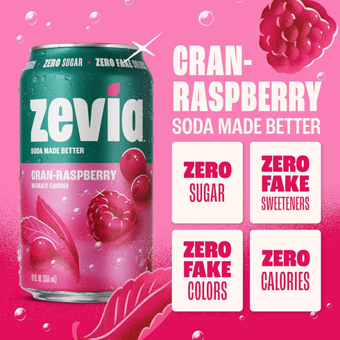 12 oz (6-Pack) Zevia Zero Sugar Soda, Cran-Raspberry, Cans Naturally Sweetened, Zero Calorie Sugar Free Soda - Non-GMO