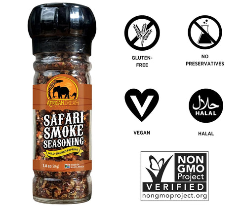 Safari Smoke Seasoning by African Dream Foods | All-Natural Smoky Seasoning | Made with Smoked Paprika Flakes, Dried Garlic, Basil, Sea Salt| Reusable Glass Grinder