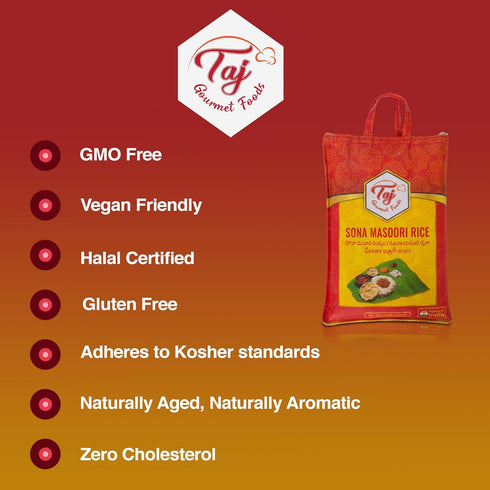 TAJ Gourmet Foods 10lbs TAJ Sona Masoori Rice | Short Grain White Rice | Product of India