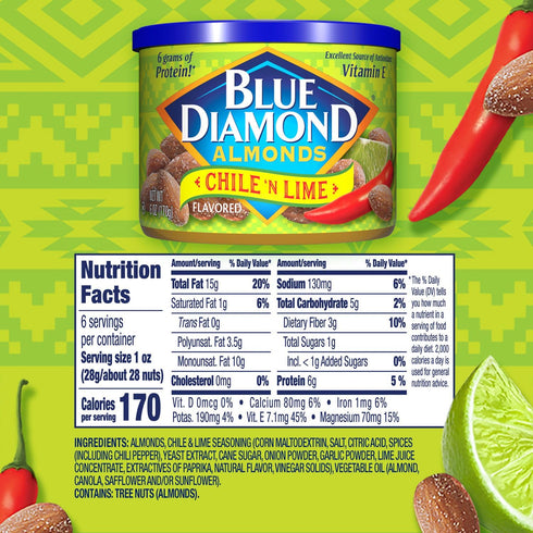 6 (Pack 4) Blue Diamond Almonds, Snack Nut Flavored Chile n' Lime perfect for On-the Go, and Snacking, Ounce Can