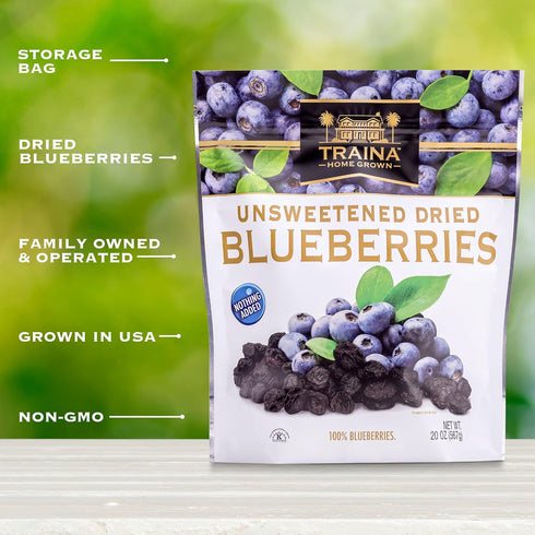 (20 Oz) Traina Home Grown Unsweetened Dried Blueberries - Healthy & Non-GMO, Natural Sweet Flavor With No Sugar Added