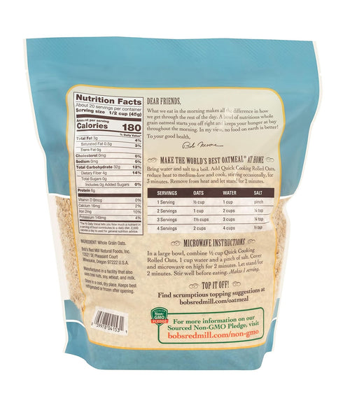 32oz (Pack 4) Bob's Red Mill Quick Cooking Rolled Oats, of - Non GMO, Whole Grain, Vegan, Kosher
