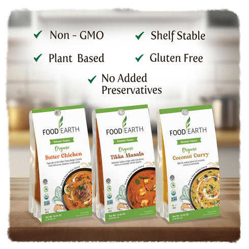 Food Earth Indian Simmer Sauces, Butter Chicken, Coconut Curry, Tikka Masala - 6 Pouches x 5.29 oz