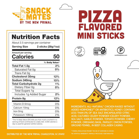 8g 50 40 Pack New Primal Snack Mates Pepperoni Pizza Chicken Sticks, Gluten Free Healthy Snacks for Kids, Low Sugar