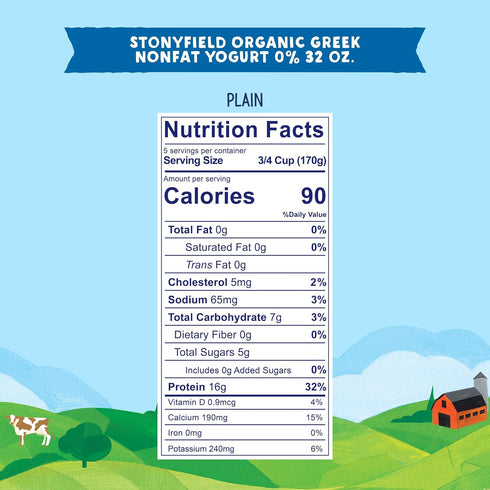 Stonyfield Organic 32 oz. (16g), 0% Greek Nonfat Yogurt, Plain, High in Protein Fat; Multiserving Yogurt Snack