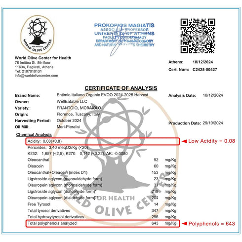 500+ 2025 Entimio Italiano Organic Italian Extra Virgin Olive Oil from Italy, mg/kg High in Polyphenols, Gold Winner
