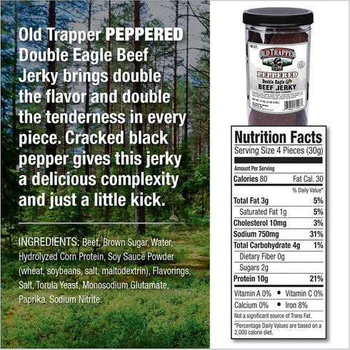 21oz. 80-Piece 10 80 (Pack Old Trapper Double Eagle Beef Jerky, Peppered Flavor, Jar, Natural Wood Smoked Meat Snacks