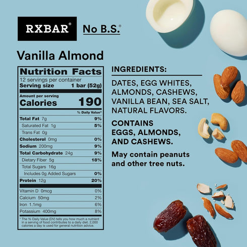22oz (12 Count) RXBAR Protein Bars, Protein Snack, Snack Bars, Vanilla Almond, Box