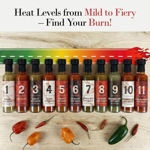 11 Pack Set Set Bottle Hot Sauce Variety Spice with Habanero, Chipotle, Garlic Sauce & More Gourmet Sauces for Tasting