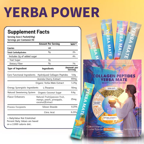 30 Yerba Mate Instant Tea Powder with Collagen & Vitamin C, Clean Energy for Glowing Skin & Crash-Free Focus, Gut