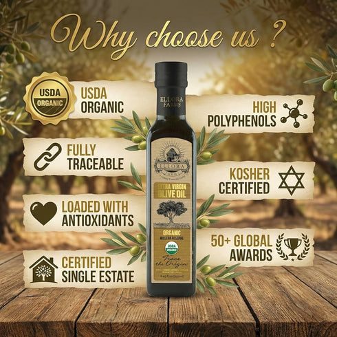 8.45 oz. Pack 2 Ellora Farms, Olive Oil Extra Virgin Organic, Traceable Greek, High phenols Cold press, Kosher, Glass