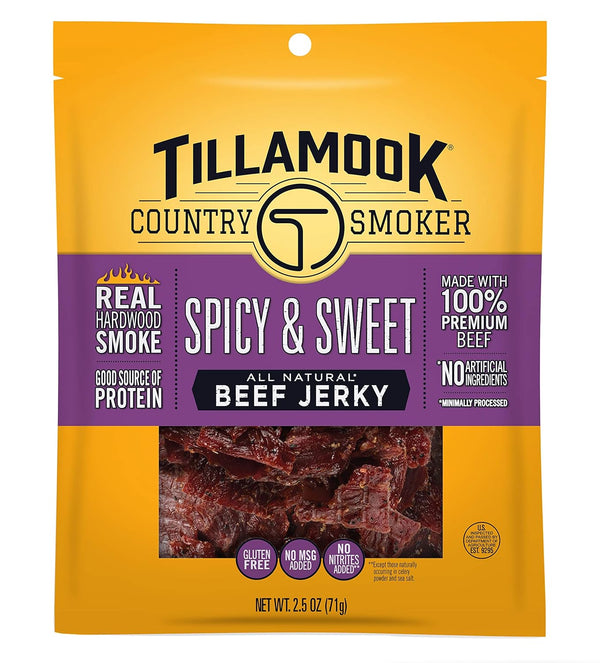 Tillamook Country Smoker Real Hardwood Smoked Beef Jerky, Spicy & Sweet, 2.5