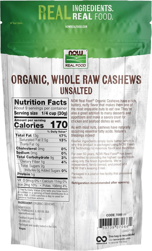 10-Ounce (Packaging NOW Foods, Certified Organic Cashews, Whole, Raw and Unsalted, Rich Buttery Flavor, Source